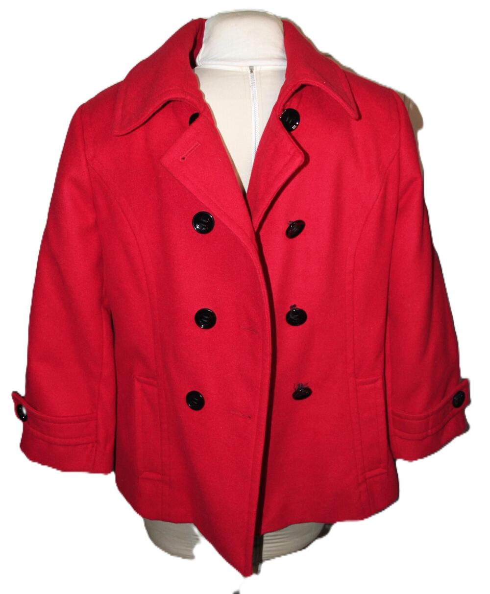 Calvin Klein Coat Womens Medium Red Double Breasted Peacoat Quilted Lining